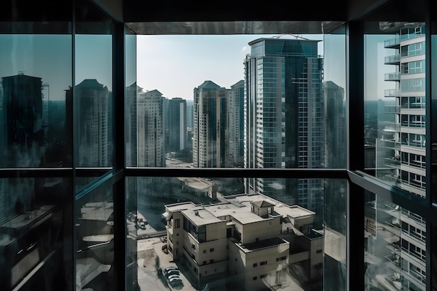 Uitzicht op stedelijke gebouwen vanuit het raam van een appartement