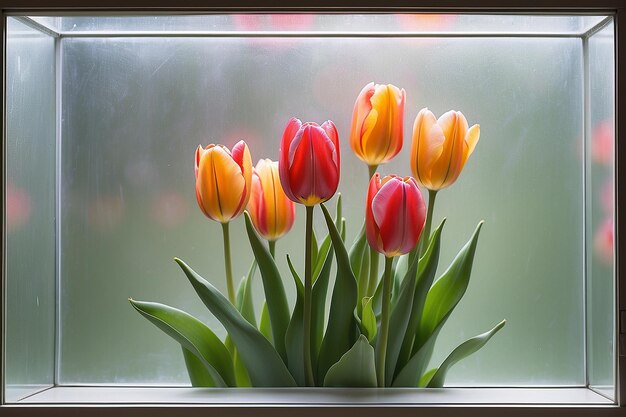 Foto uitzicht op tulpenbloemen achter gecondenseerd glas