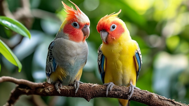 Uitzicht op twee prachtige kleurrijke vogels cockatiel vol lichaam