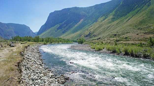 Uitzicht op vallei en rivier tijdens reizen naar Altai-bergen.