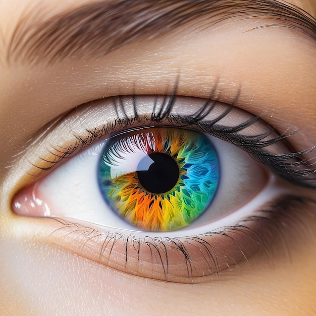Uitzicht op veelkleurige creativiteit in een close-up van het menselijk oog generatieve AI