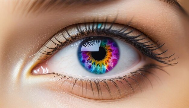 Uitzicht op veelkleurige creativiteit in een close-up van het menselijk oog generatieve AI