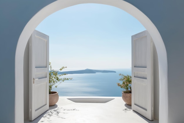 Uitzicht op zee vanuit het huis door de boog Santorini eiland Griekenland Generatieve AI