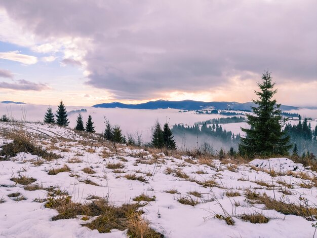 Uitzicht op zonsopgang boven besneeuwde winter Karpaten kopieer ruimte