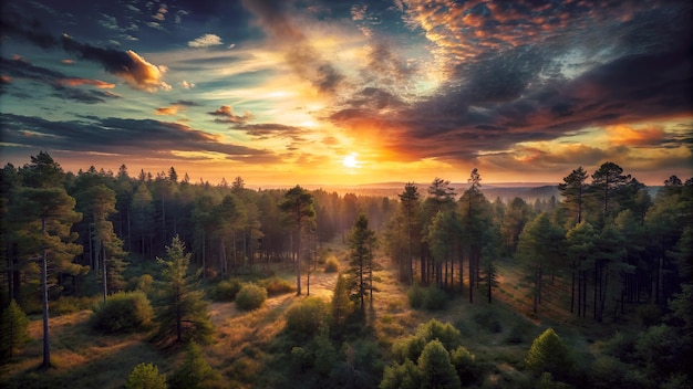 Foto uitzicht op zonsopgang in dennenbos op het natuurpapier van de berg