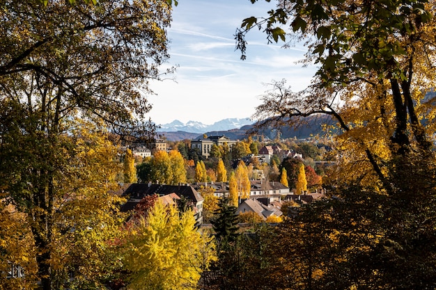 Uitzicht over Bern en de Alpen in de herfst