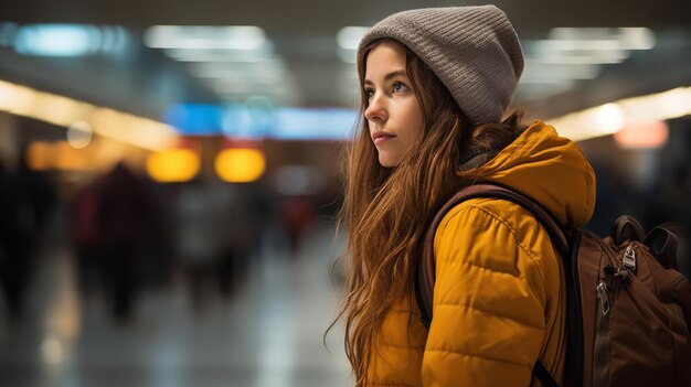 Uitzicht van achteren van een jonge vrouw die op een luchthaven wacht met een rugzak op haar rug Generatieve AI