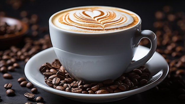 Foto uitzicht van boven op een warme cappuccino in een witte beker met geroosterde koffiebonen ernaast op een witte achtergrond