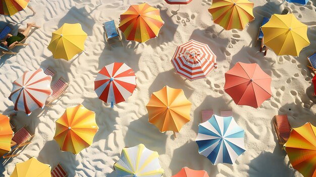 Uitzicht van boven op het strand met kleurrijke paraplu's en zonnebedden op wit zand