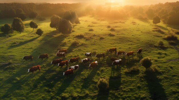 Foto uitzicht van bovenaf koeien los in een groen veld met een wazig uitzicht bij zonsondergang