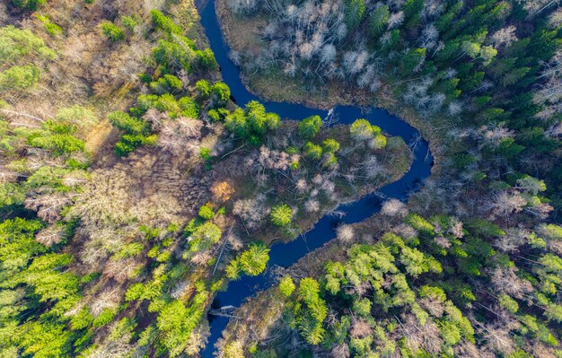 Foto uitzicht van bovenaf op de serpentine rivier in de bossen natuur achtergrond