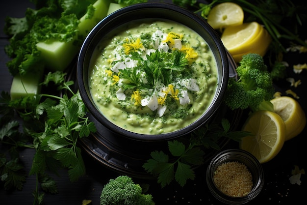 Uitzicht van bovenaf op een gerecht van broccolisoeppuree met fetatop, geserveerd tegen een achtergrond van gras