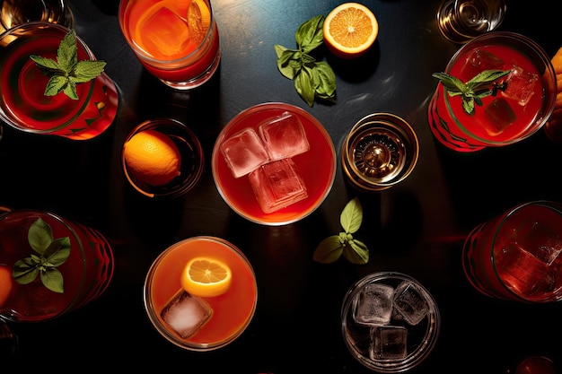 Uitzicht van bovenaf op levendige cocktails, waaronder Negroni Aperol Spritz en Martini Royale