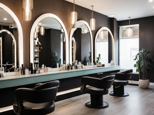 Foto uitzicht van de binnenkant van een moderne salon met spiegels