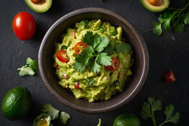 Foto uitzicht van de bovenkant van guacamole bowl garnished met c