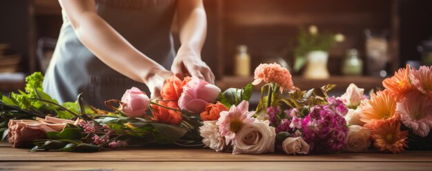 Uitzicht van een bloemenhandelaar die een bloemenboeket op een houten oppervlak maakt. Hij bereidt bloemen voor in een bloemenwinkel.