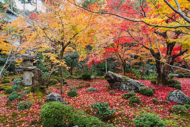 Uitzicht vanaf balkon van oude zen-tempel van Japan met prachtige Japanse tuin in de herfst