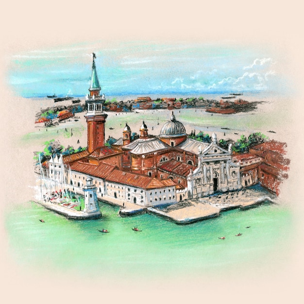 Uitzicht vanaf Campanile di San Marco naar het eiland San Giorgio Maggiore. Hand tekenen pastel schets