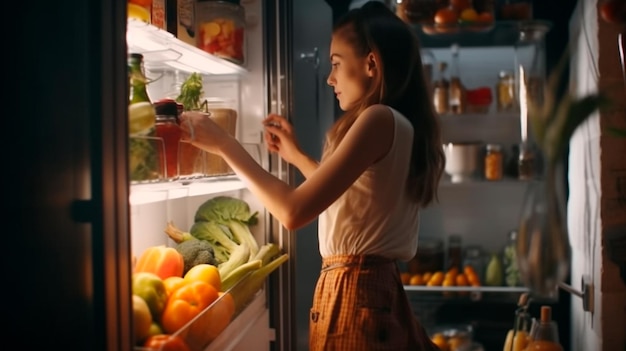 Uitzicht vanaf de achterkant van mooie jonge vrouw opent koelkastdeur kijkt naar binnen haalt groenten eruit Vrouw gezonde maaltijd bereiden met behulp van boodschappen volledige generatieve AI