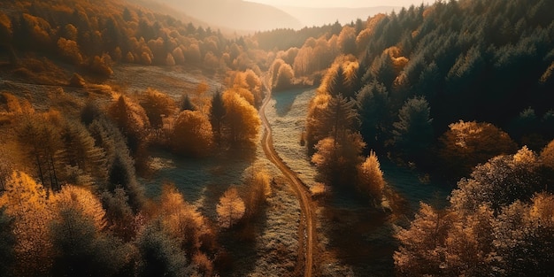 Uitzicht vanaf de hoogte van de bergweg in het bos bij zonsondergang in de herfst Luchtfoto Panoramische opname Generatieve AI