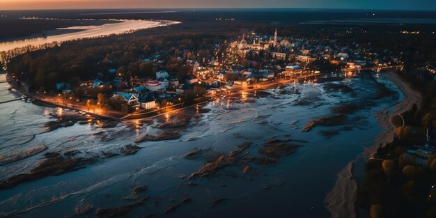 Uitzicht vanaf de hoogte van de stad langs de rivier bij zonsondergangLuchtfoto Panoramische opname Generatieve AI