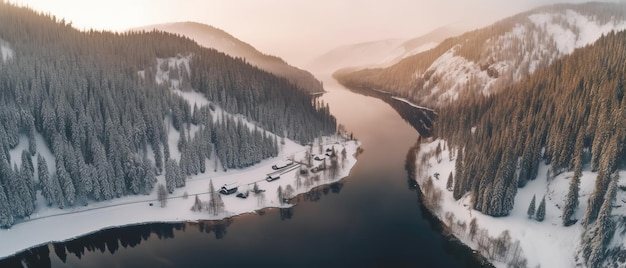 Uitzicht vanaf de hoogte van het bos en de rivier in het midden van het bosLuchtfoto Panoramische opname Generatieve AI