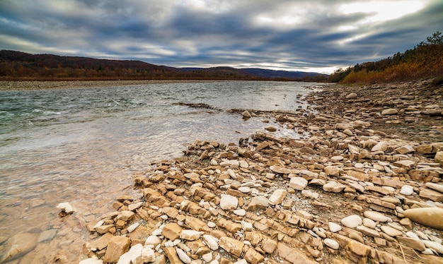 Uitzicht vanaf de kust naar de prachtige bergrivier Stryj met zijn oevers bedekt met stenen kiezels en gladde stenen De rivier ligt in het pittoreske gebied van de Karpaten, Oekraïne