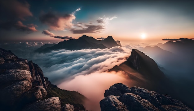 Uitzicht vanaf de top van de berg bedekt met een zee van wolken generatieve ai