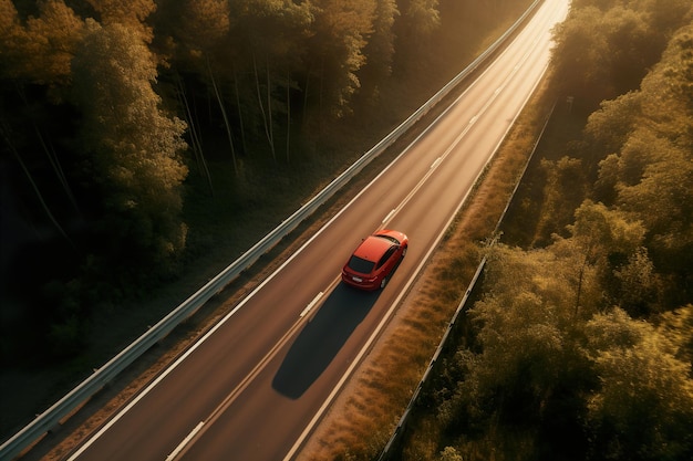 Uitzicht vanaf drone op rode auto die op reis gaat snelweg generatieve ai