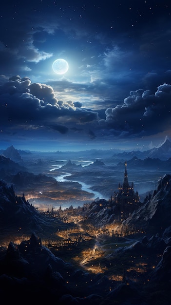 uitzicht vanaf een bergtop van een prachtige stad filmische maanlichtwolken mooi en magisch