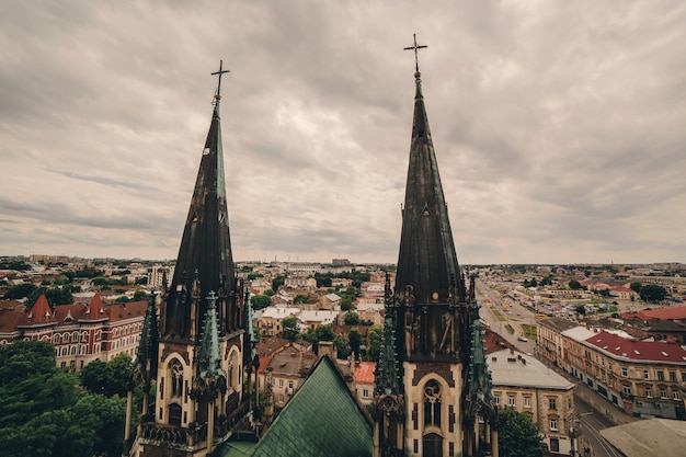Uitzicht vanaf een hoogte op de attracties van Lviv.