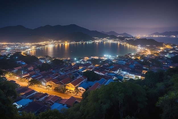 Uitzicht vanaf een houten plank boven de stad Phuket's nachts