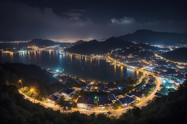 Uitzicht vanaf een houten plank boven de stad Phuket's nachts