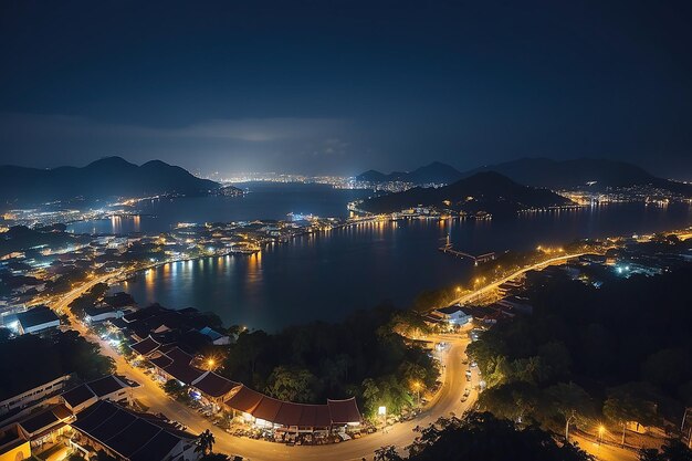 Uitzicht vanaf een houten plank boven de stad Phuket's nachts