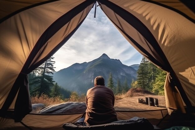 Uitzicht vanaf Tent Jonge Man in Zijn Camper Generatieve AI