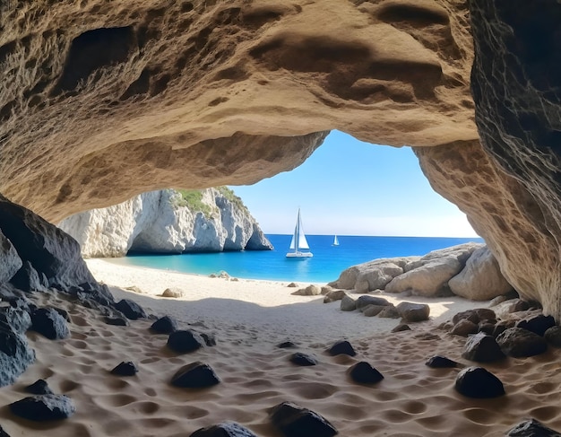 Uitzicht vanuit een grot op een strand, een heldere blauwe zee en een zeilboot in de verte.