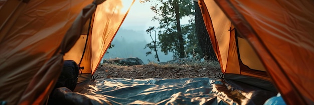 Uitzicht vanuit een tent in een bos Avontuur en reisconcept Ontwerp voor buitenapparatuur