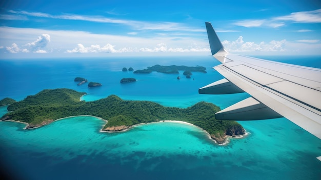 Uitzicht vanuit een vliegtuigraam op een tropisch eiland met zandstranden in een blauwe oceaan tegen een blauwe daghemel