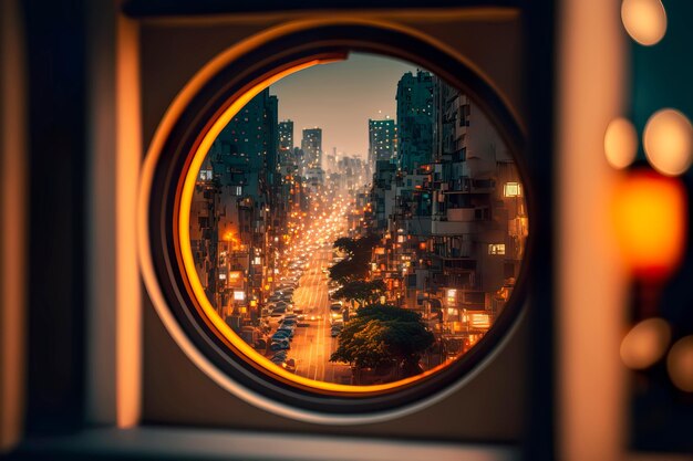 Uitzicht vanuit het raam op een grote lichtgevende stad Generatieve AI