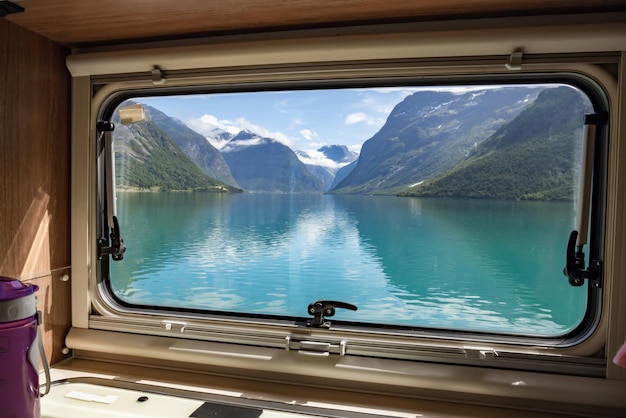Uitzicht vanuit het raam van de camper RV Caravan op de prachtige natuur van Noorwegen. lovatnet meer Lodal vallei.