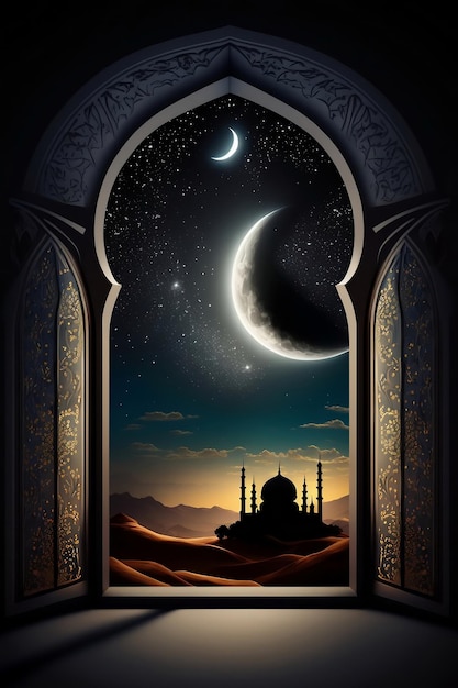 Uitzicht vanuit het raam van de moslimmoskee 's nachts in de woestijn Ramadan kareem Ai generatief