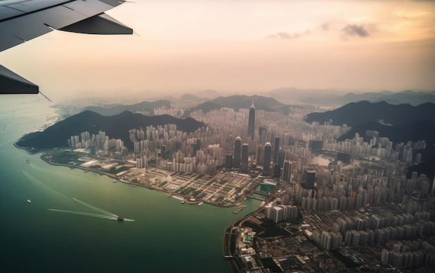 Uitzicht vanuit het raam van een vliegtuig dat over de stad Hong Kong vliegt Generatieve AI