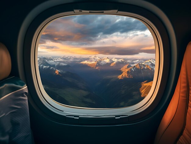 Uitzicht vanuit het raam van een vliegtuig op de bergen in de wolken