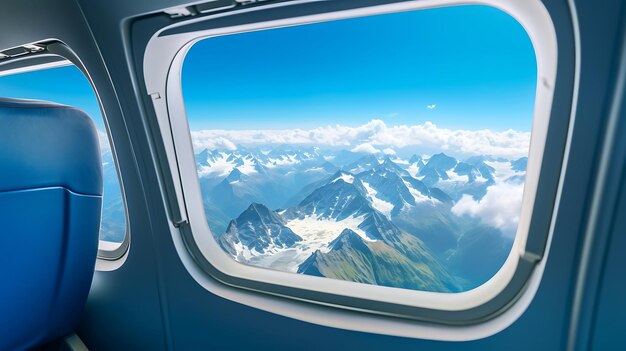 Uitzicht vanuit het vliegtuigraam op de Alpen bij zonsondergang 3D-weergave