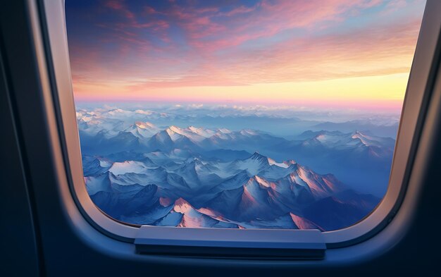 Uitzicht vanuit het vliegtuigraam op de wolken en de bergen