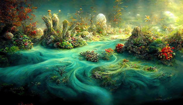 Uitzonderlijke 3D-kunst Magisch fantasie onderwaterlandschap met zeebodem Generatieve Ai