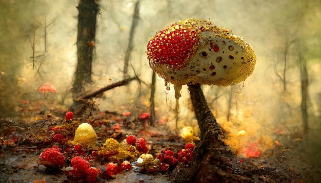 Uitzonderlijke Amanita muscaria gloeiende rode paddenstoel die sporen vrijgeeft geel bos Generatieve Ai