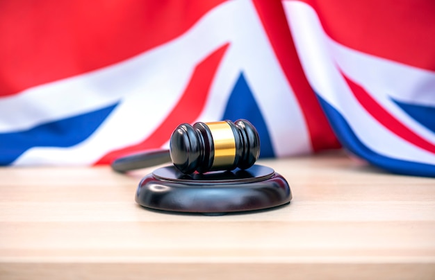 UK flag and judges wooden gavel