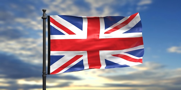 UK flag waving on blue sky with clouds background 3d illustration