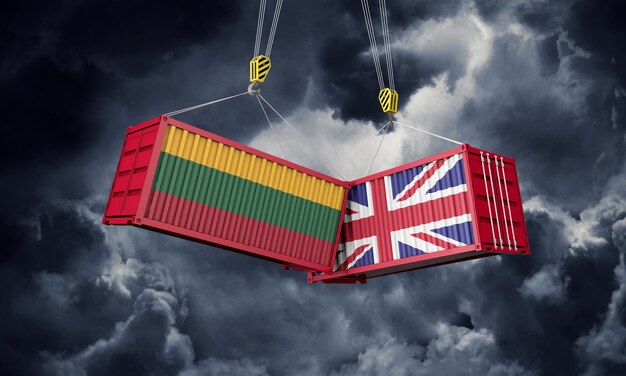 영국과 리투아니아 비즈니스 무역 거래 충돌 화물 컨테이너 d 렌더링